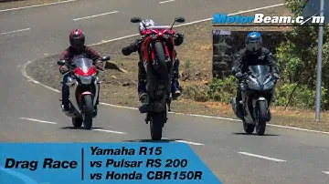 Yamaha R15 vs Pulsar RS 200 vs Honda CBR150R - Drag Race | MotorBeam